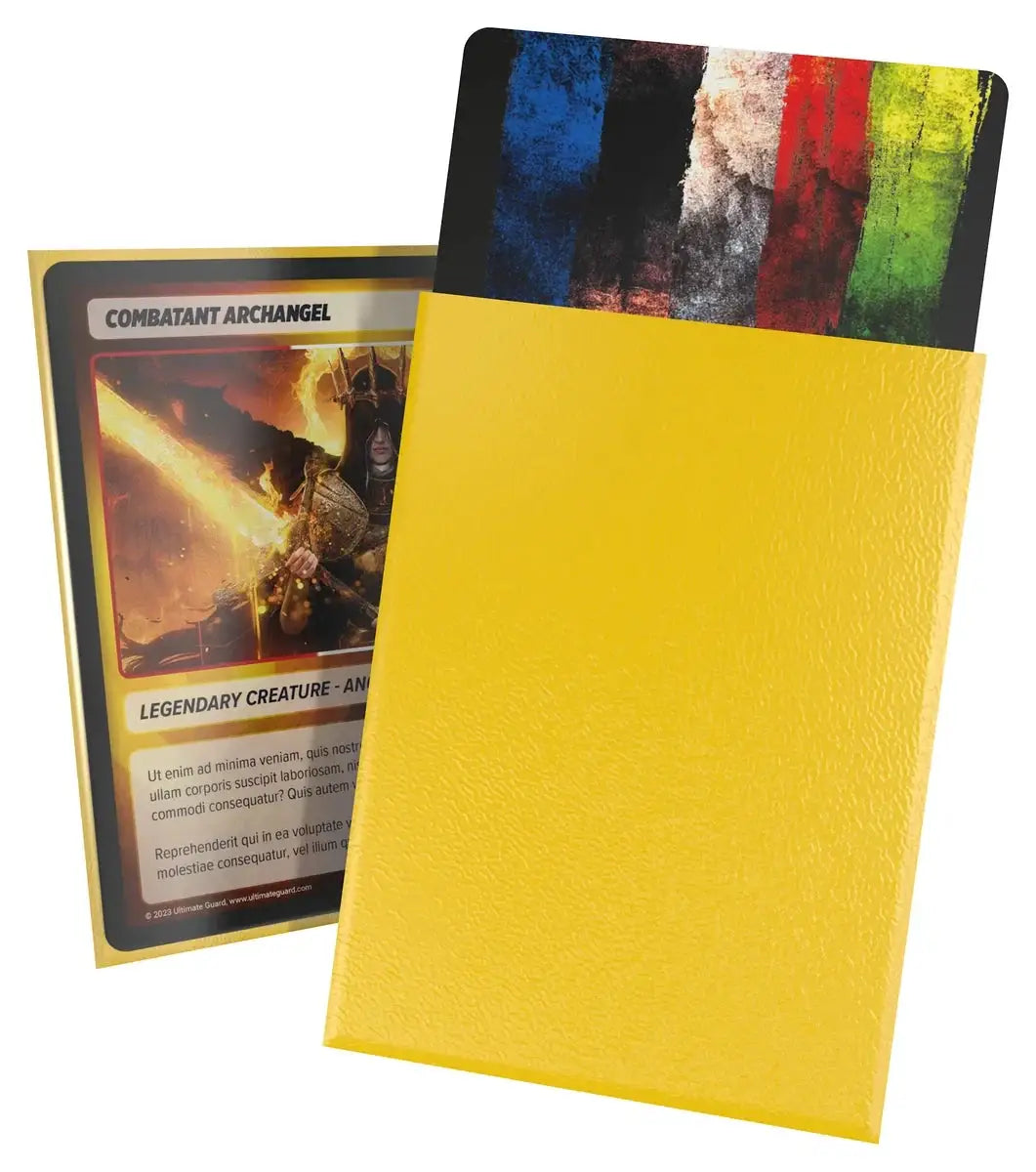 Yellow Cortex Sleeves Matte Standard Size (100) by The Mighty Hobby Shop, showing close-up of smooth, flexible plastic sleeves for collectibles.