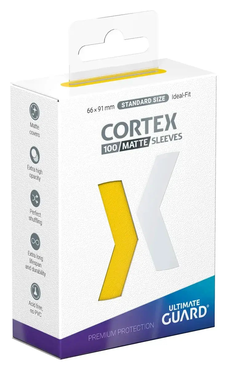 Yellow matte Cortex sleeves standard size pack of 100, shown as a close-up of the colorful, flexible game card sleeves.
