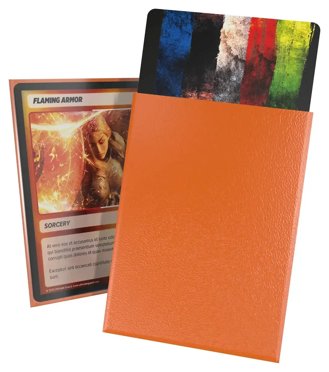 Orange Cortex Sleeves Matte Standard Size (100) from The Mighty Hobby Shop, shown in a close-up image.
