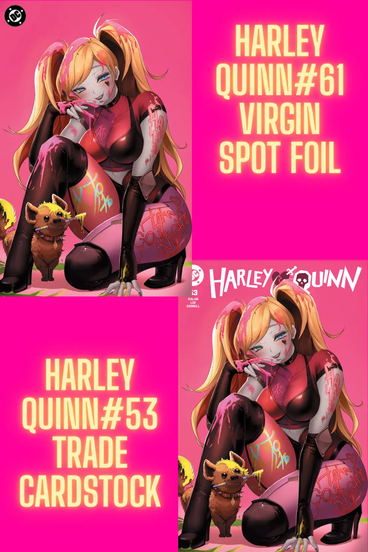 Harley Quinn #61 virgin foil comic book bundle with Harley Quinn 53 cardstock cards, published by Jams Fortress Comics.