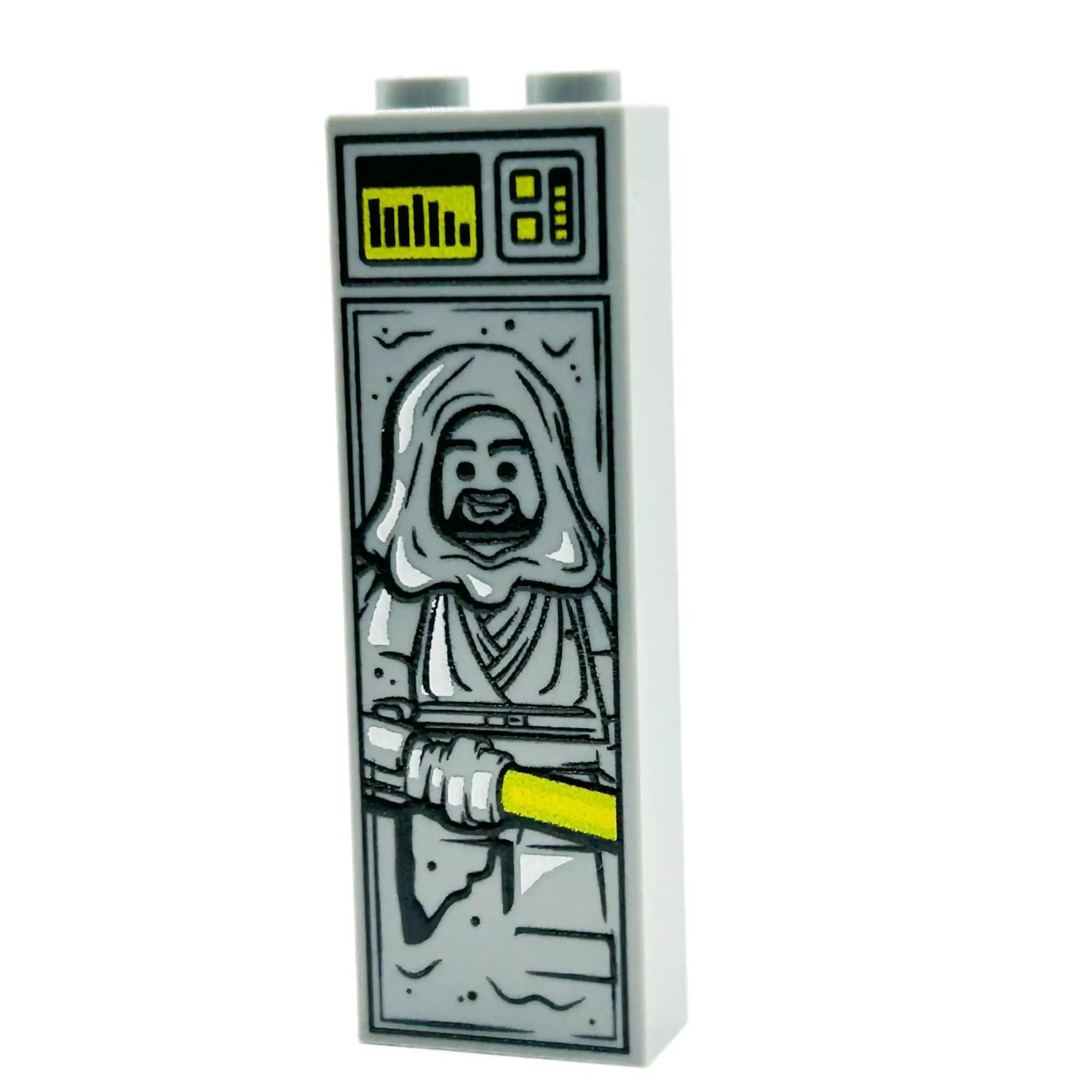 Jedi Bob in Carbonite brick sculpture by B3 Customs, featuring detailed LEGO-style Jedi encased in clear resin