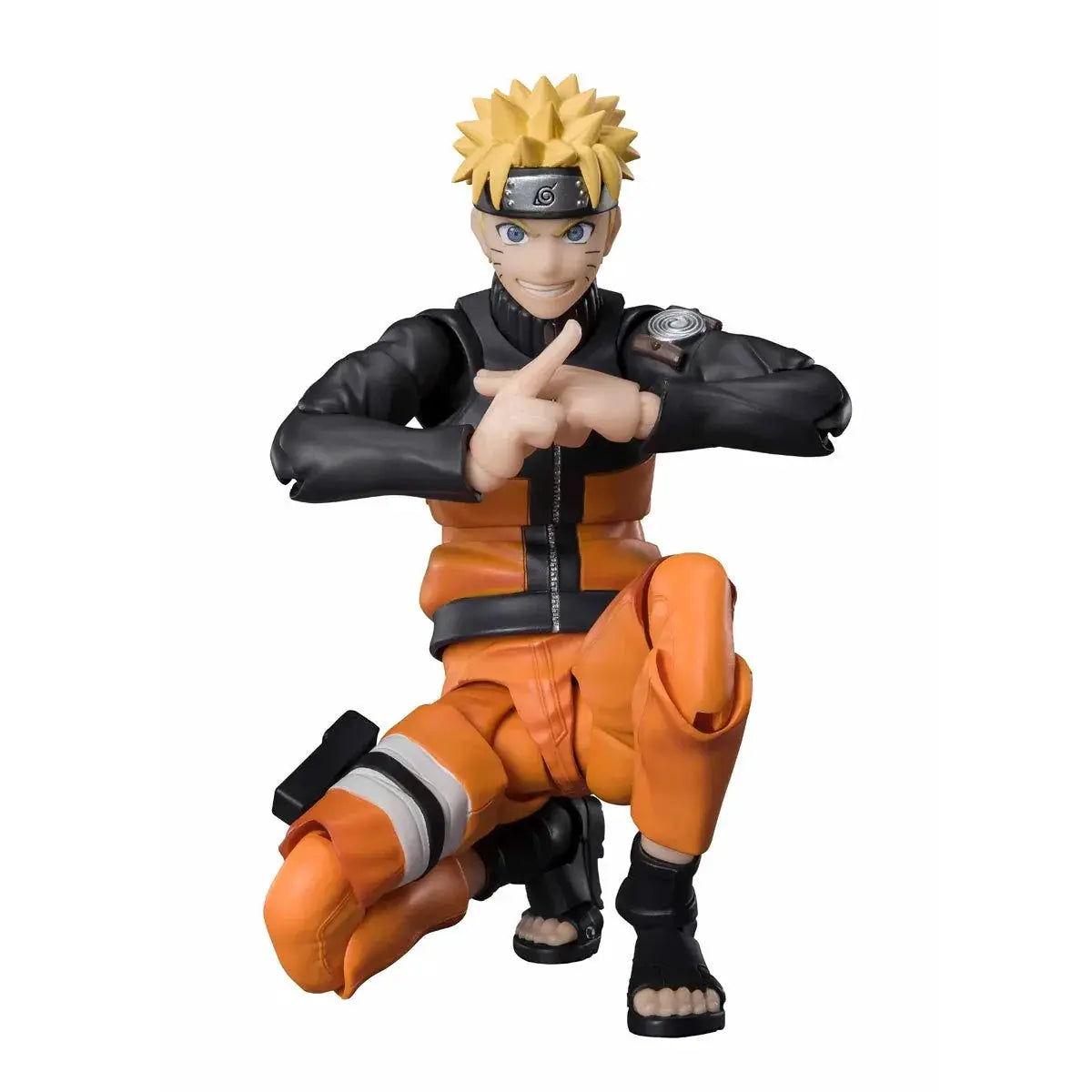 Naruto Uzumaki S.H.Figuarts action figure from Naruto Shippuden, featuring detailed design and dynamic pose in black and orange outfit.