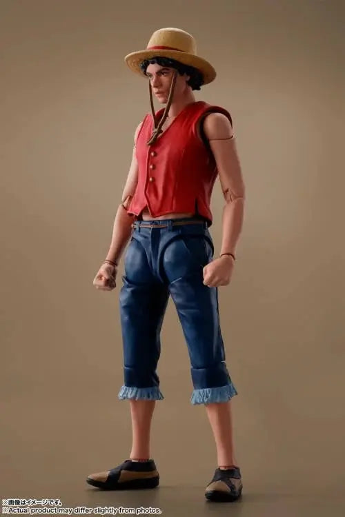 S.H.Figuarts Monkey D. Luffy action figure from One Piece Netflix series, detailed anime character with vibrant costume and accessories.