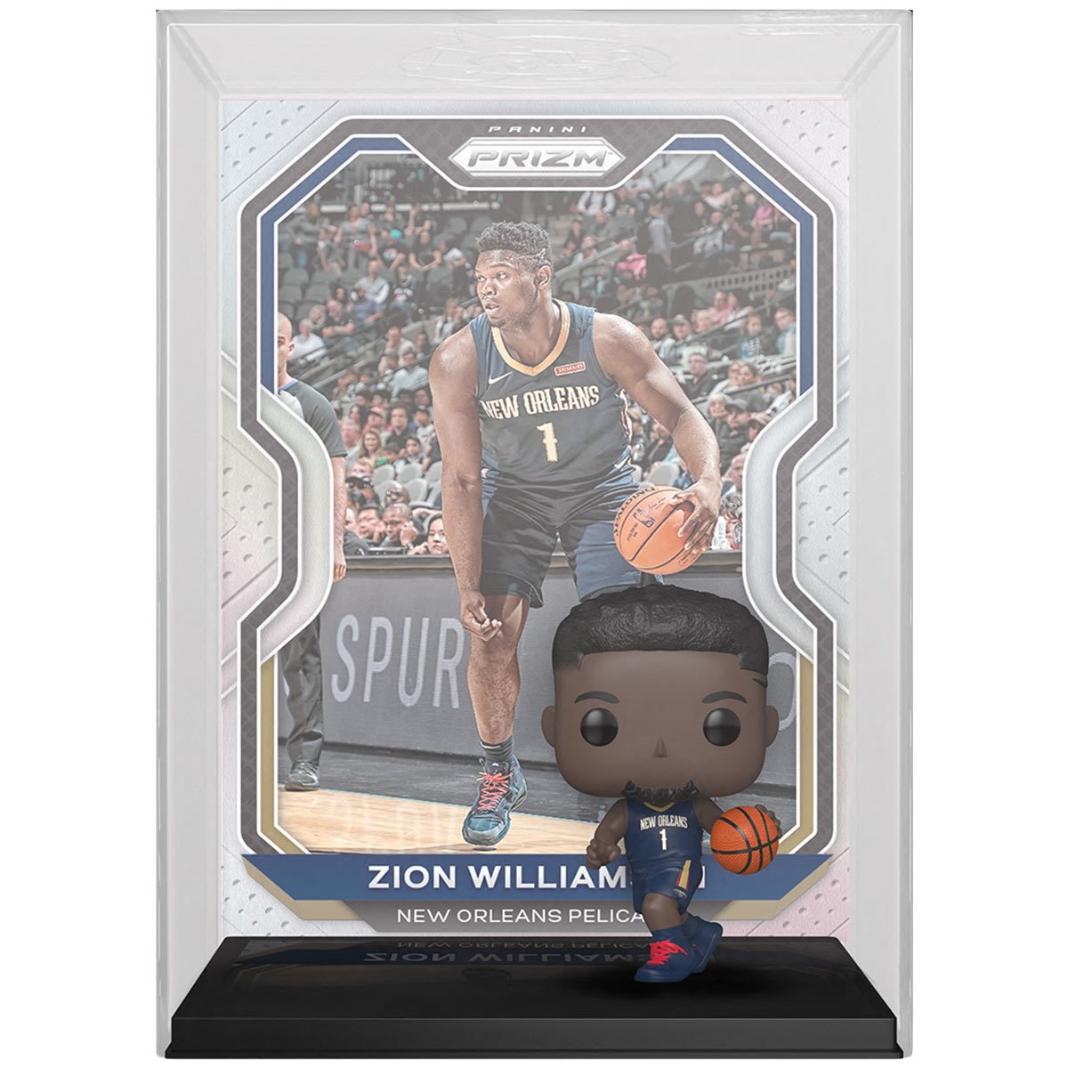 Close-up of Zion Williamson POP! trading card by THE MIGHTY HOBBY SHOP, featuring colorful artwork and player image.