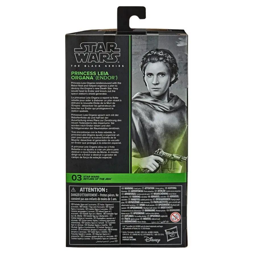 Star Wars Black Series Princess Leia Organa 6-inch action figure wearing Endor battle poncho, detailed collectible toy.
