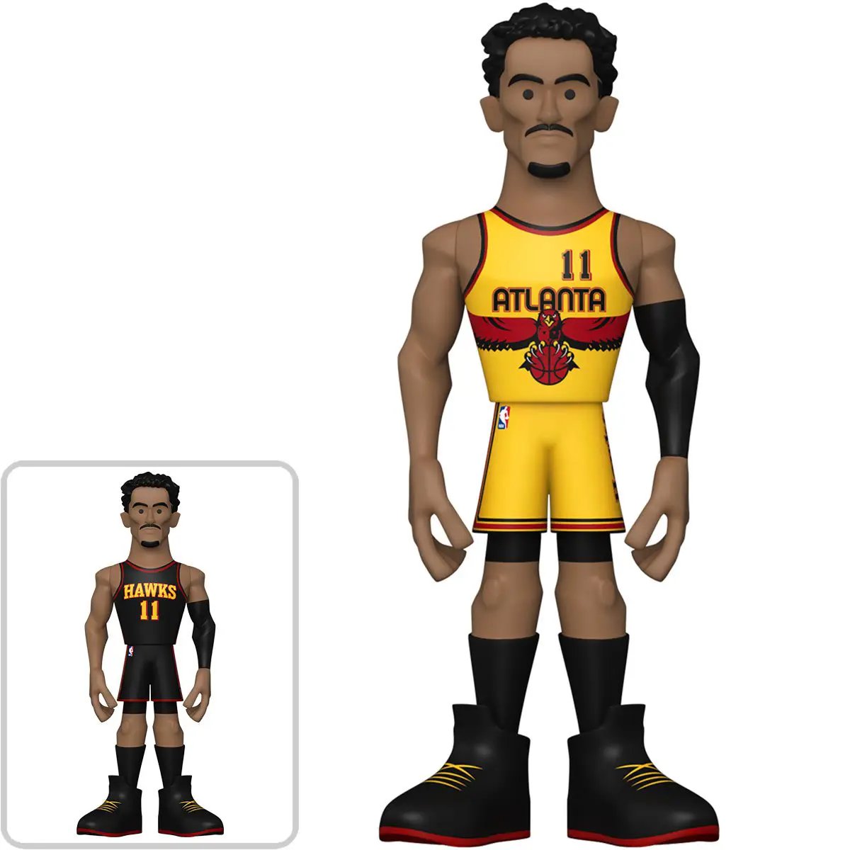 Gold vinyl NBA Trae Young figurine, 5-inch Hawks player collectible from THE MIGHTY HOBBY SHOP, detailed and visually striking.