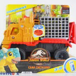 Jurassic World Camp Cretaceous Imaginext dinosaur hauler and Yaz action figure set featuring colorful toy vehicles and figures.