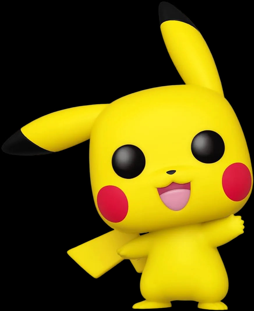 Yellow cartoon character with black ears and red cheeks on a white background