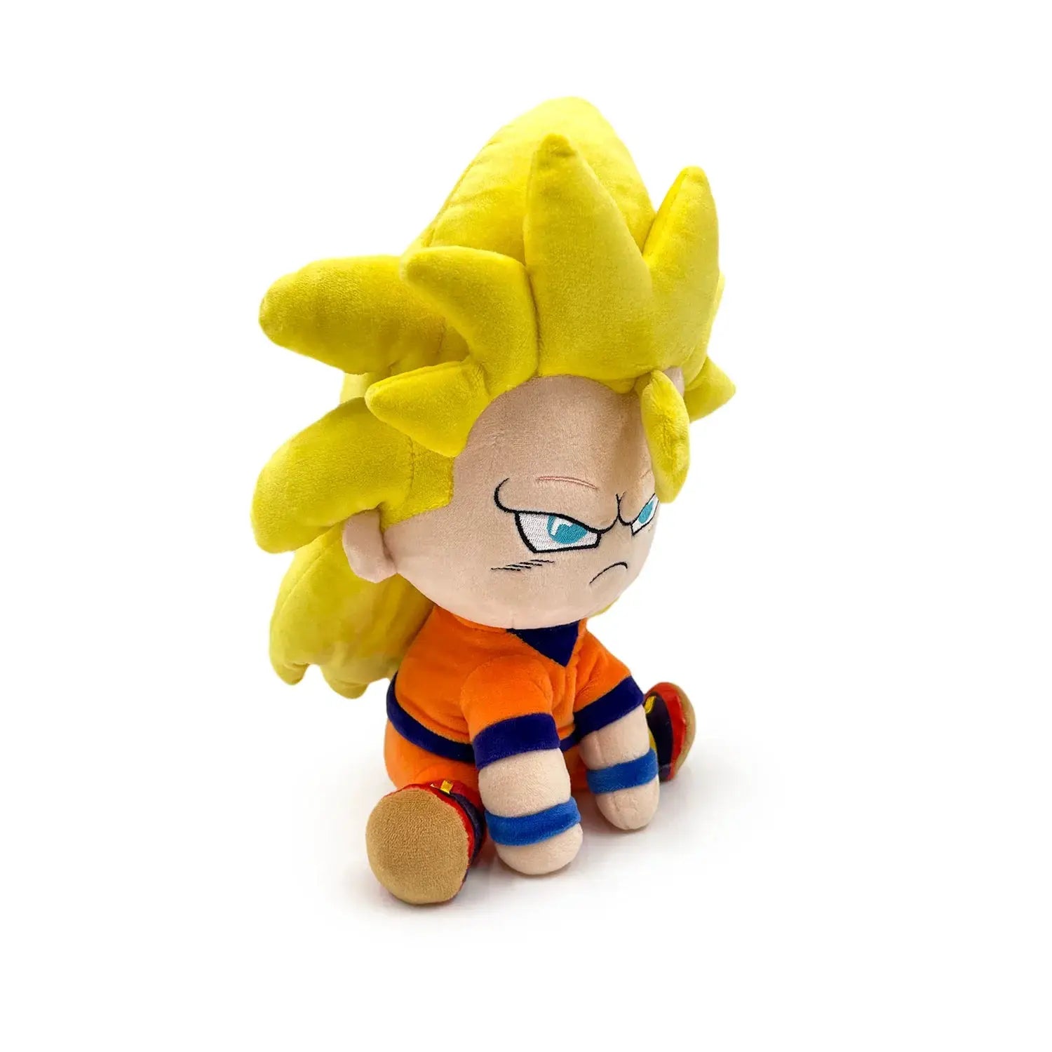 Super Saiyan Goku plush from Dragon Ball Z, 9-inch soft toy by THE MIGHTY HOBBY SHOP, featuring bright yellow hair and detailed character design.