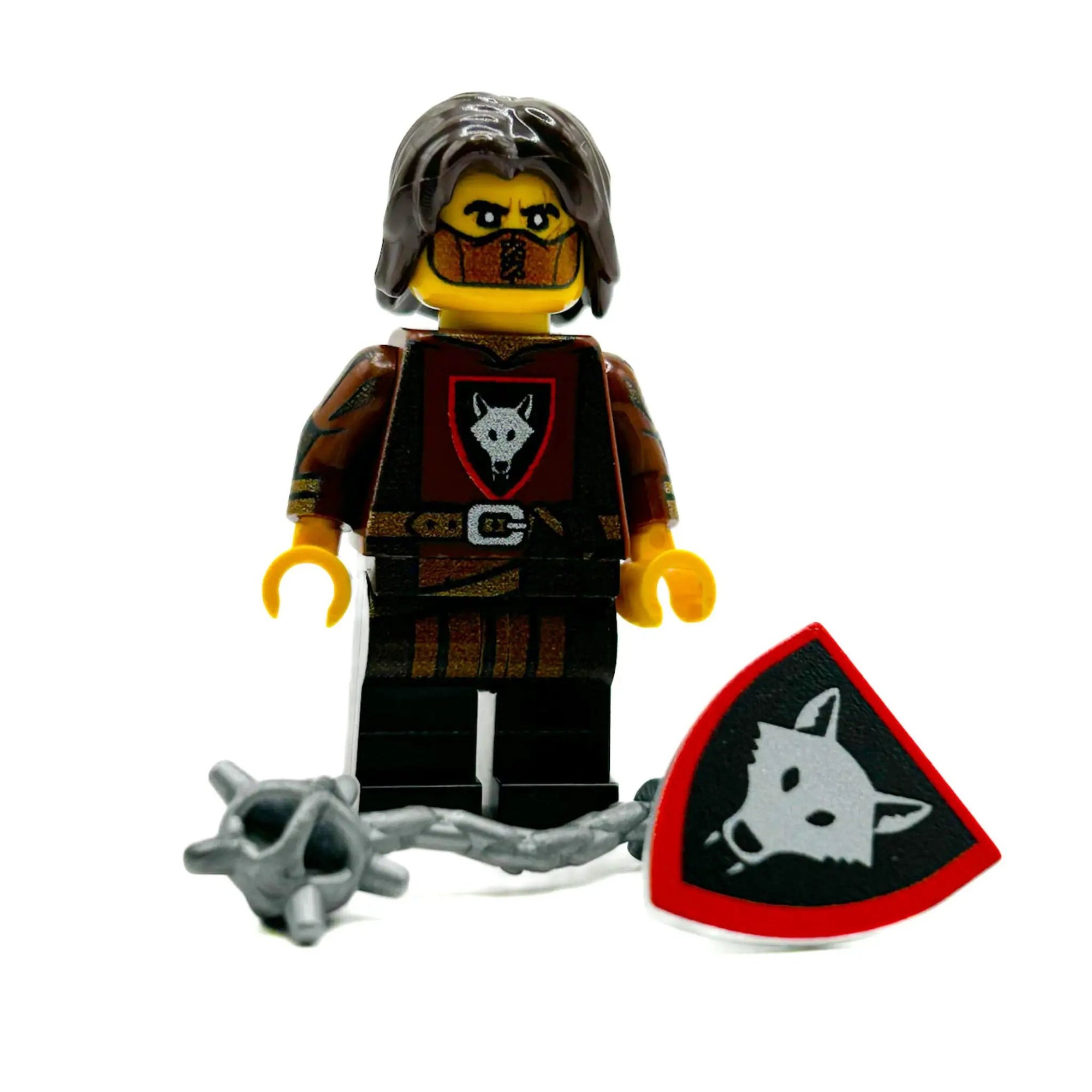 Custom Wolfpack Mercenary LEGO minifigure by B3 Customs, featuring detailed armor and weapons, posed against a neutral background.