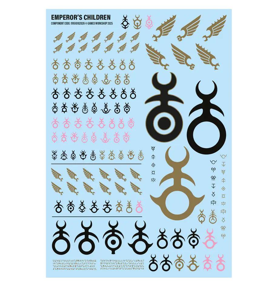 Close-up of Flawless Blades transfer sheet featuring Champions of Slaanesh and Emperor’s Children army details.