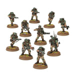 Cadian Shock Troops from Warhammer 40,000 Astra Militarum, detailed plastic miniatures with rifles, ready for tabletop gaming.