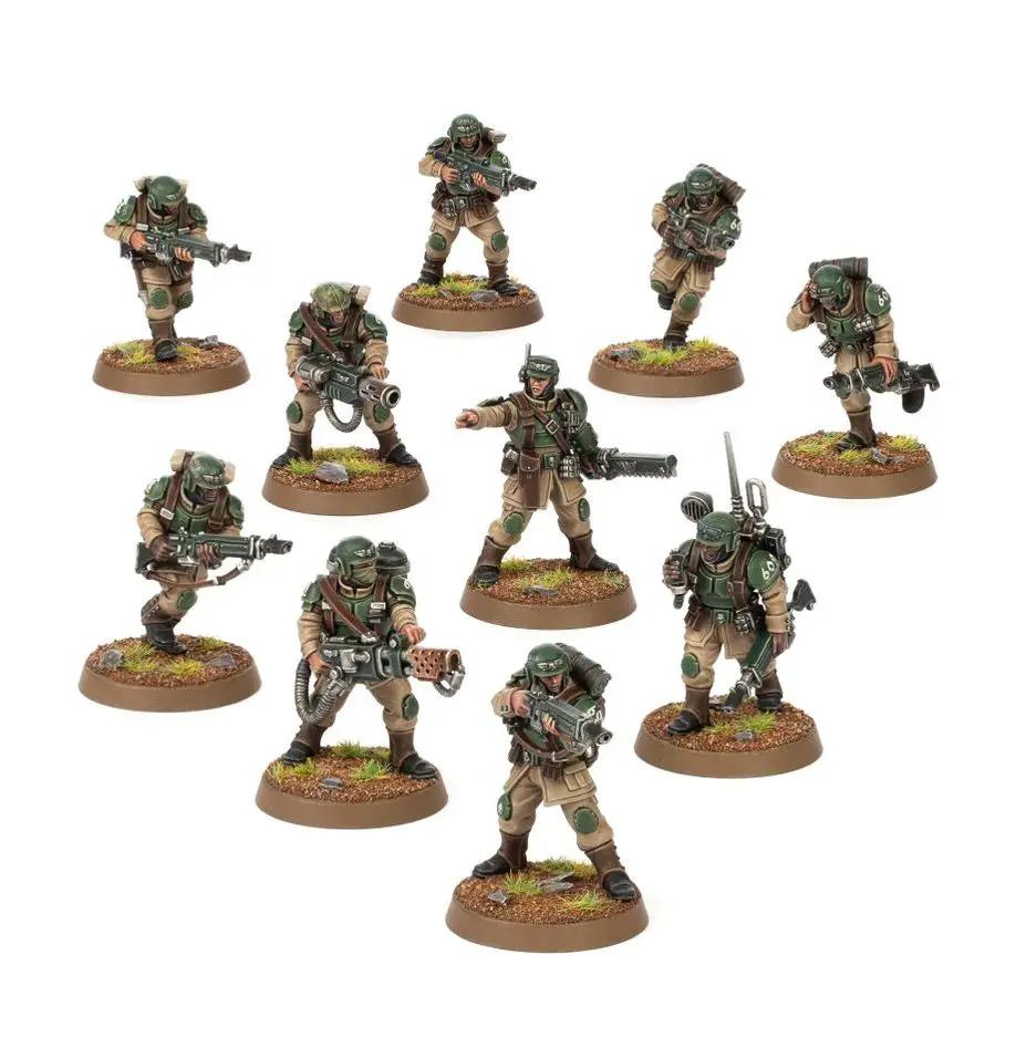 Cadian Shock Troops from Warhammer 40,000 Astra Militarum, detailed plastic miniatures with rifles, ready for tabletop gaming.