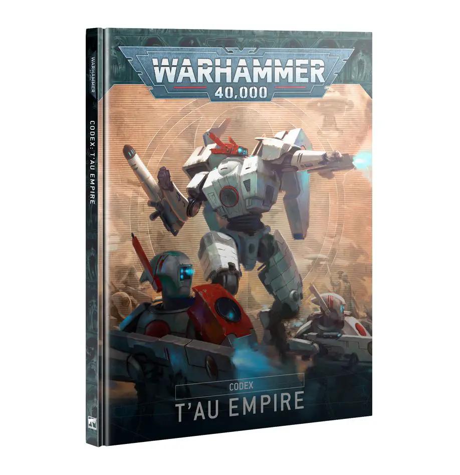 T'au Empire Warhammer 40,000 Codex book with cover art featuring T'au symbols and futuristic design elements.