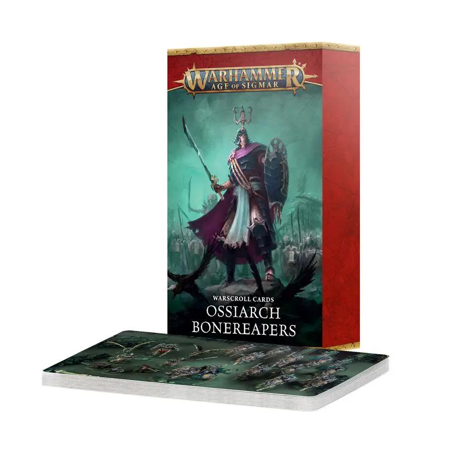 Set of Warscroll Cards for Ossiarch Bonereapers from THE MIGHTY HOBBY SHOP, featuring detailed army rules and stats.