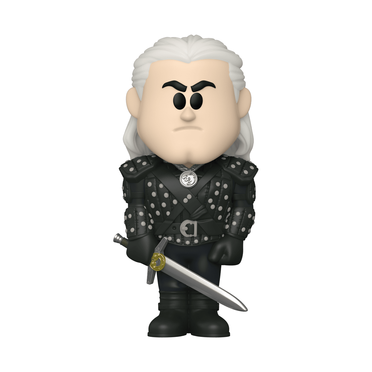 Vinyl SODA figure of Geralt from The Witcher, collectible toy by THE MIGHTY HOBBY SHOP, featuring detailed character design.