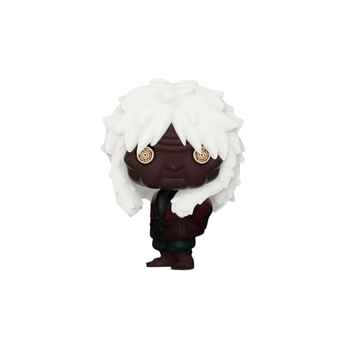 Figurine with white hair and brown outfit on a gray background