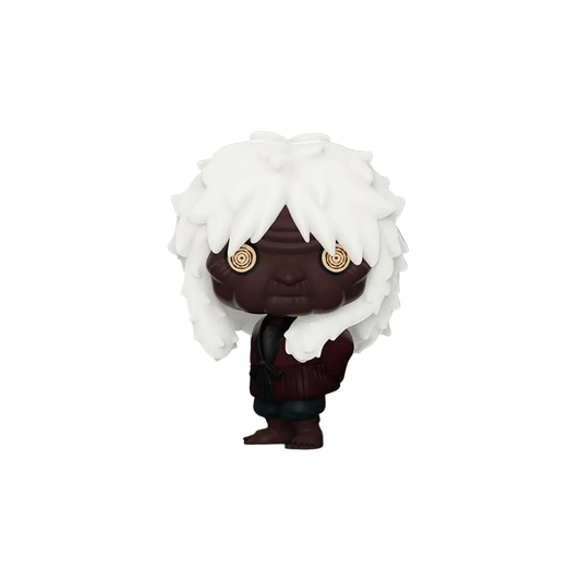 Figurine with white hair and brown outfit on a gray background