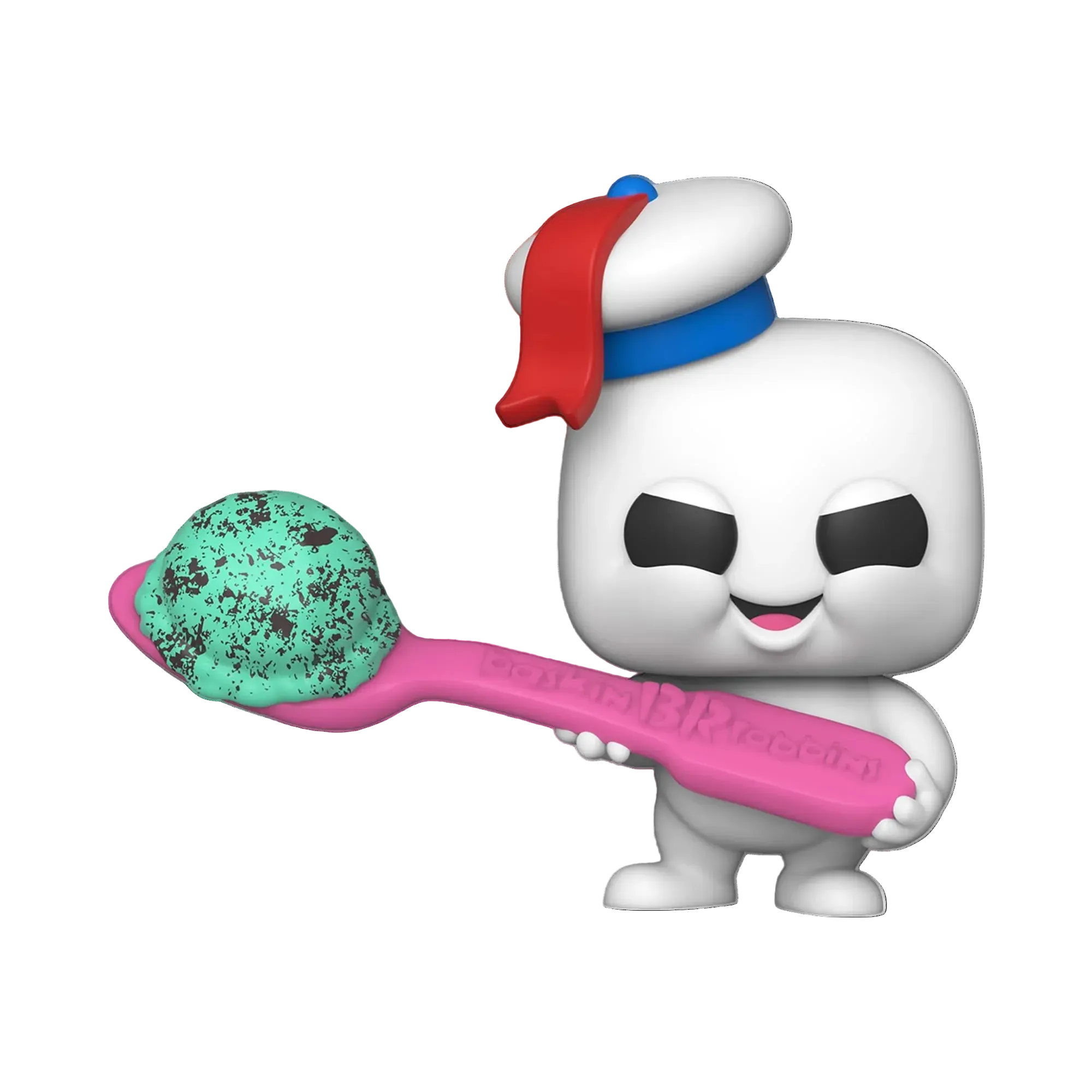 Ghostbusters character holding a pink spoon with ice cream on a white background
