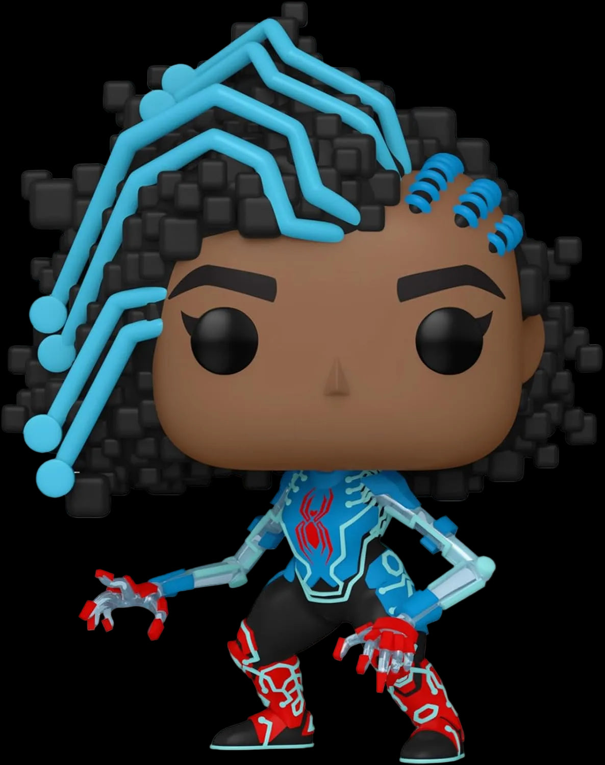 Funko Pop! vinyl figure of a character with blue and black hair, wearing a Spider-Man costume.