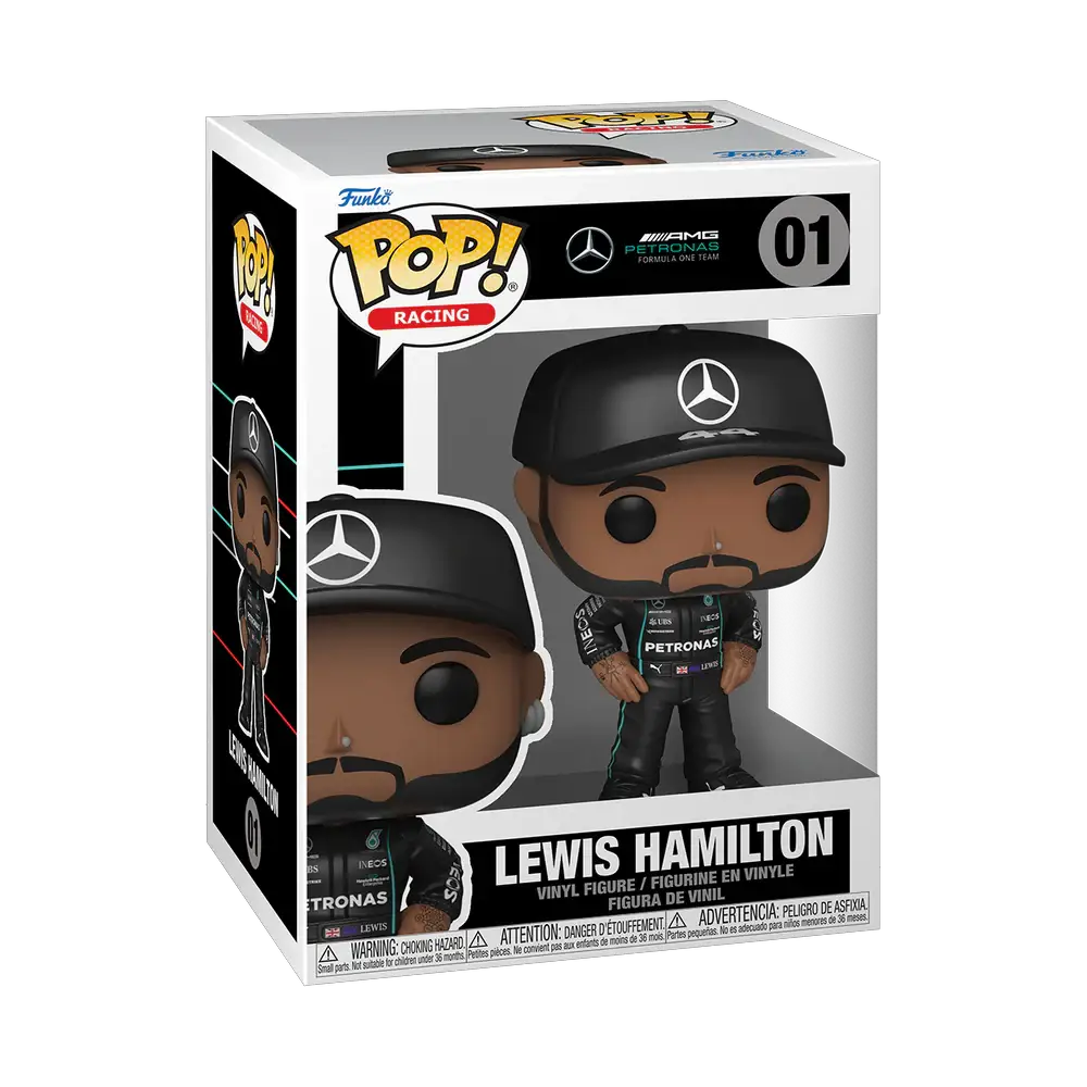 Pop! Mercedes-AMG Petronas Formula One Lewis Hamilton figure from THE MIGHTY HOBBY SHOP, featuring detailed design and vibrant colors.