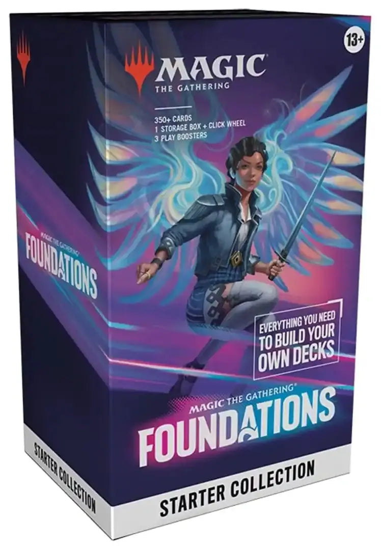 Magic: The Gathering Foundations Starter Collection box with colorful cards and game accessories, featuring Wizards of The Coast branding.