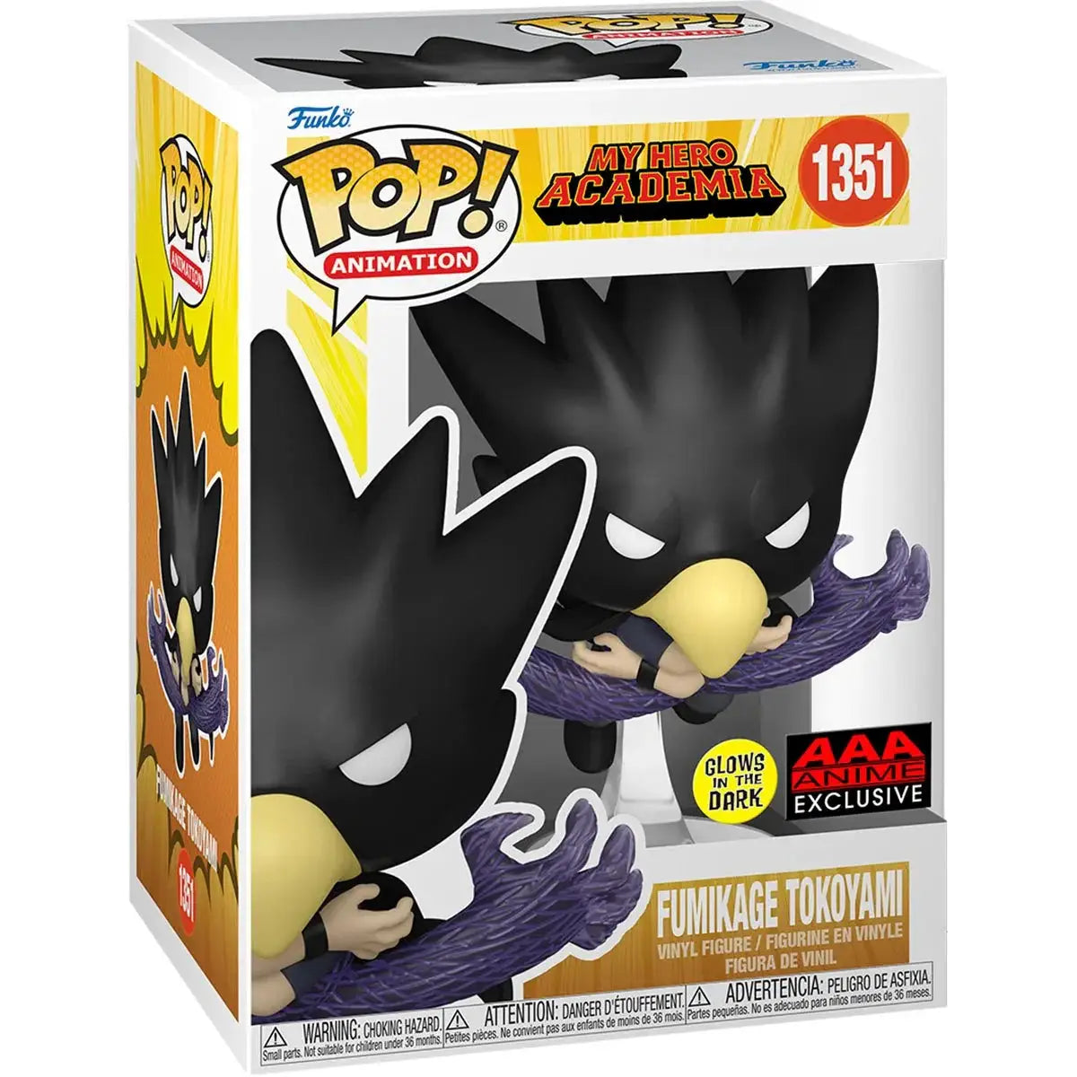 Pop! My Hero Academia Fumikage Tokoyami Fallen Angel glow-in-the-dark figure, AAA Anime exclusive, featuring dark costume and wings.