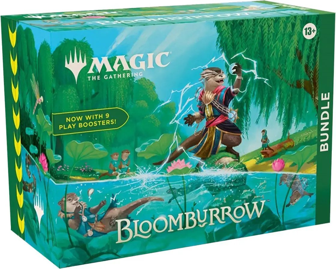 Magic: The Gathering Bloomburrow Bundle includes 9 booster packs, 30 land cards, and exclusive accessories, featuring colorful game art.
