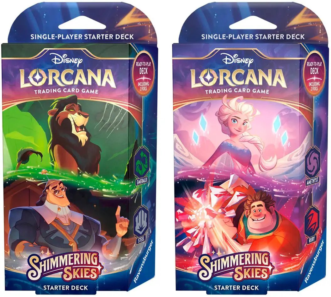 Disney Lorcana Shimmering Skies starter decks featuring colorful character illustrations from the Disney Lorcana trading card game.