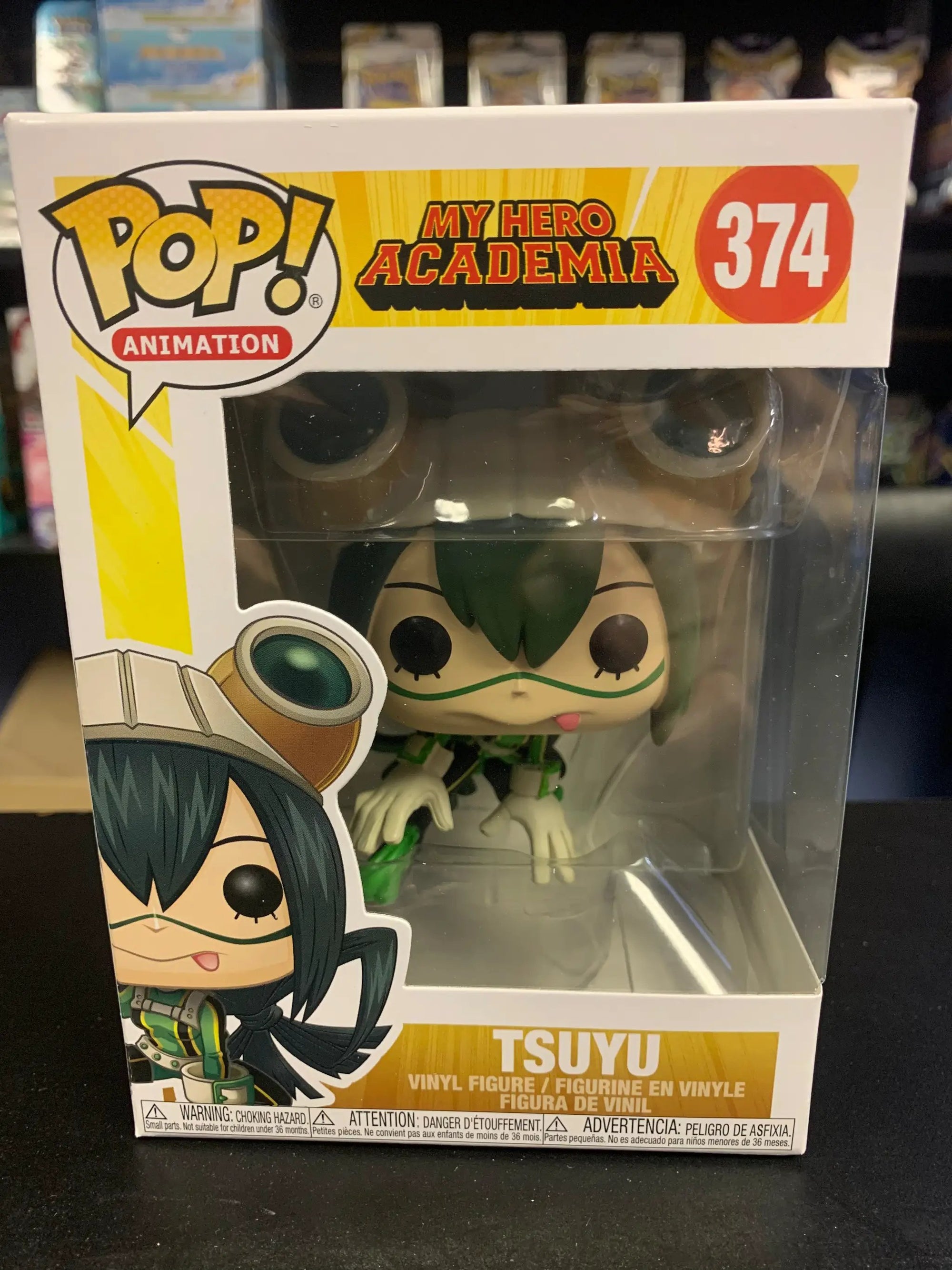 Pop! Animation My Hero Academia Tsuyu #374 figure from THE MIGHTY HOBBY SHOP, featuring the character with green hair and hero costume.