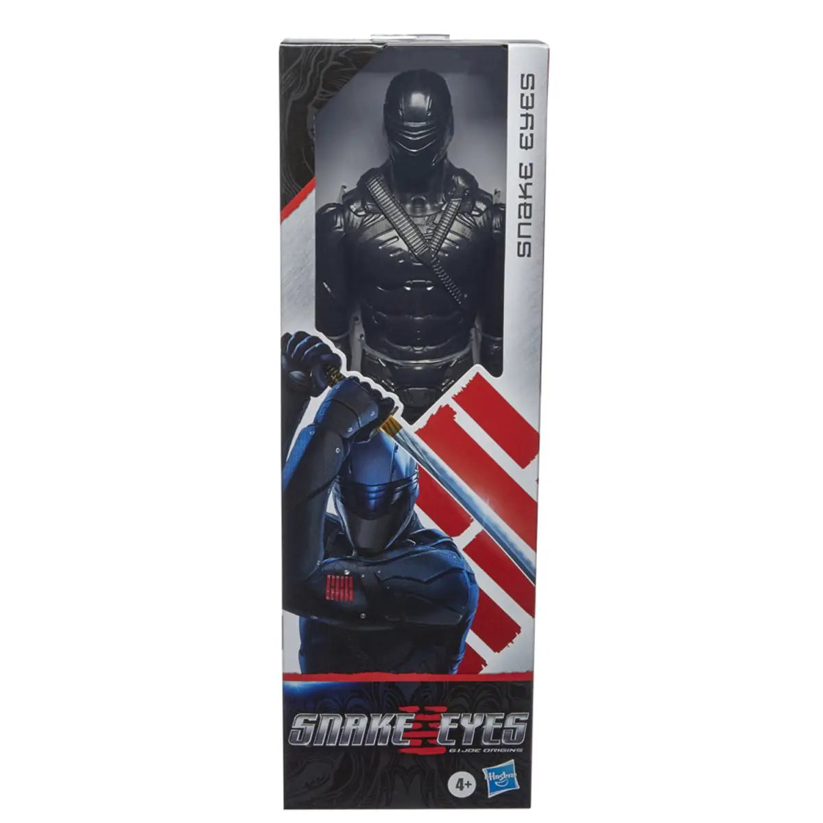 G.I. Joe Origins Snake Eyes 12-inch action figure featuring detailed costume and weapon accessories, posed in a dynamic stance.