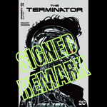 Signed TERMINATOR #1 comic book by JAMS Fortress Comics, Jordan Noir Metal Black & White Variant, with remark visible in the image.