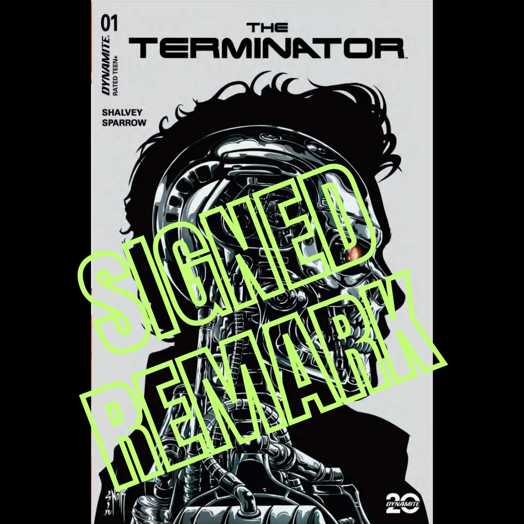 Signed TERMINATOR #1 comic book by JAMS Fortress Comics, Jordan Noir Metal Black & White Variant, with remark visible in the image.