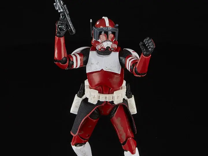 Star Wars Black Series 6-inch Clone Commander Fox action figure from The Clone Wars, featuring detailed armor and weaponry.