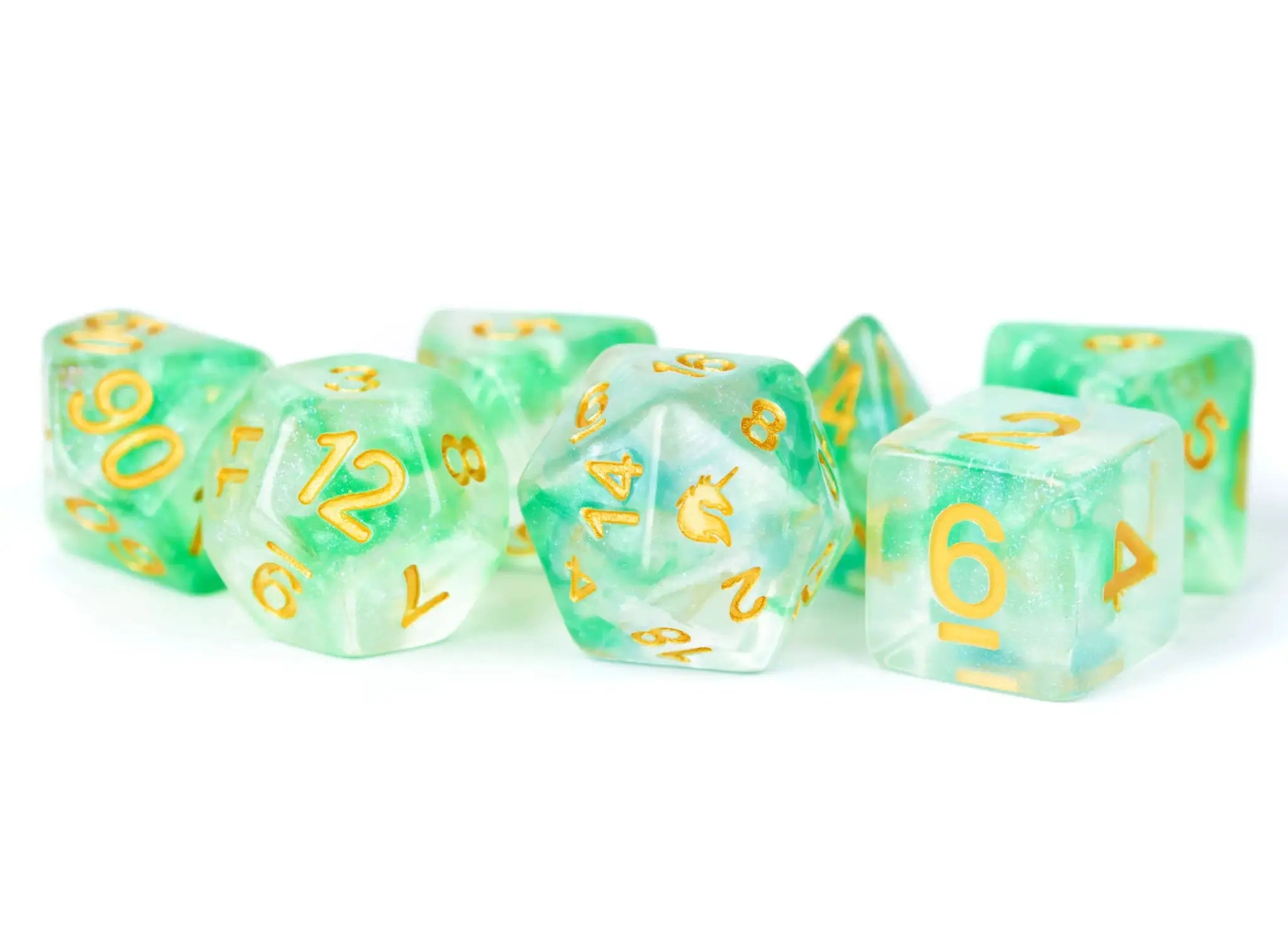 16mm polyhedral dice set from THE MIGHTY HOBBY SHOP, featuring icy green and clear poly dice for tabletop gaming.