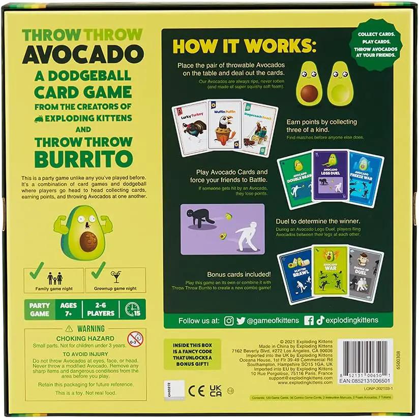 Exploding Kittens Throw Avocado dodgeball card game expansion set, family-friendly board game for 2-6 players with colorful artwork.