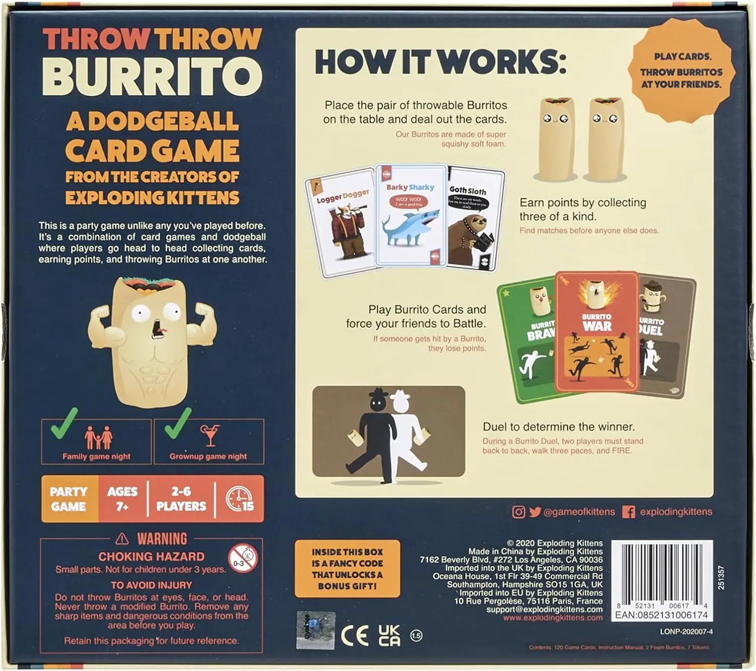Throw Throw Burrito dodgeball card game by Exploding Kittens, a family-friendly board game for kids, teens, and adults, for 2-6 players.