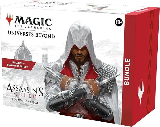 Magic: The Gathering Assassin’s Creed Bundle with 9 Beyond Boosters and accessories, featuring collectible cards and themed game items.