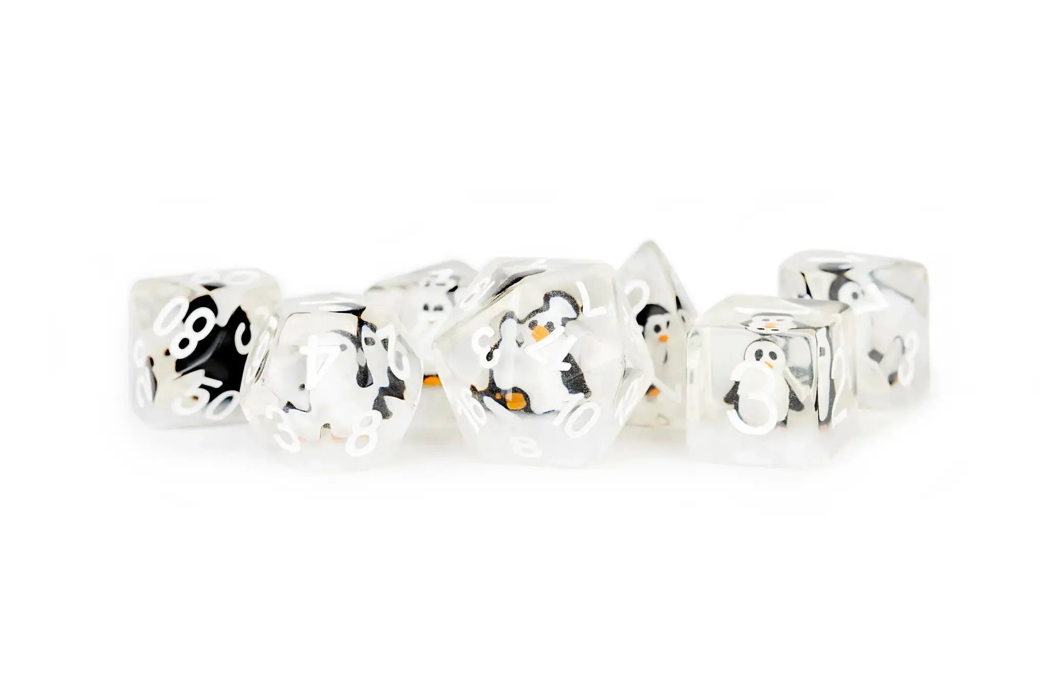 Set of 16mm resin polyhedral dice featuring penguin designs, perfect for tabletop games and role-playing adventures.