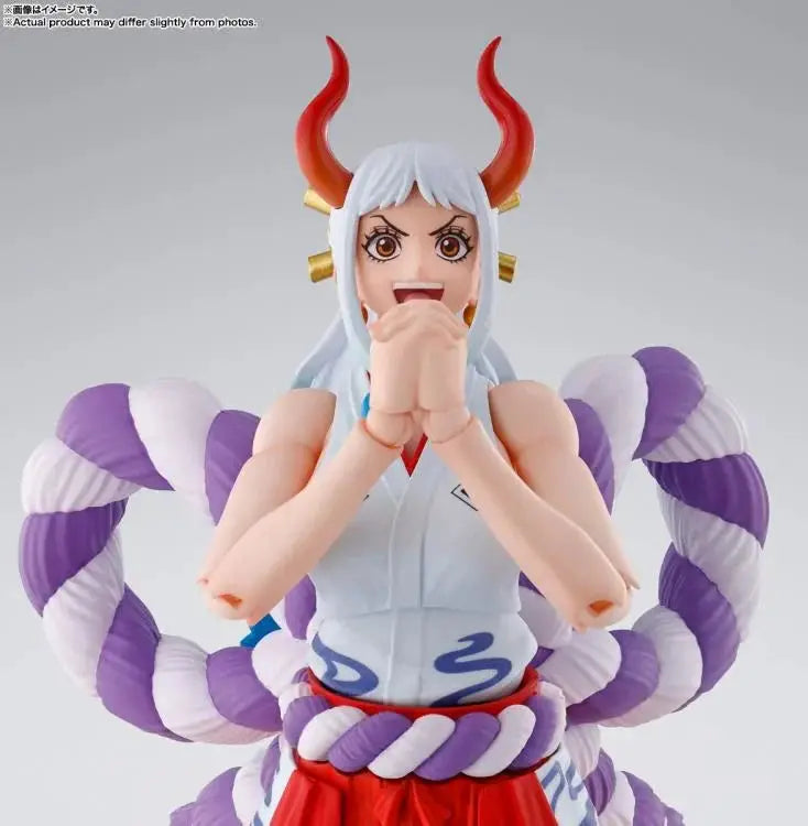S.H.Figuarts Yamato One Piece action figure in dynamic pose with detailed costume and accessories, showcasing high-quality craftsmanship.