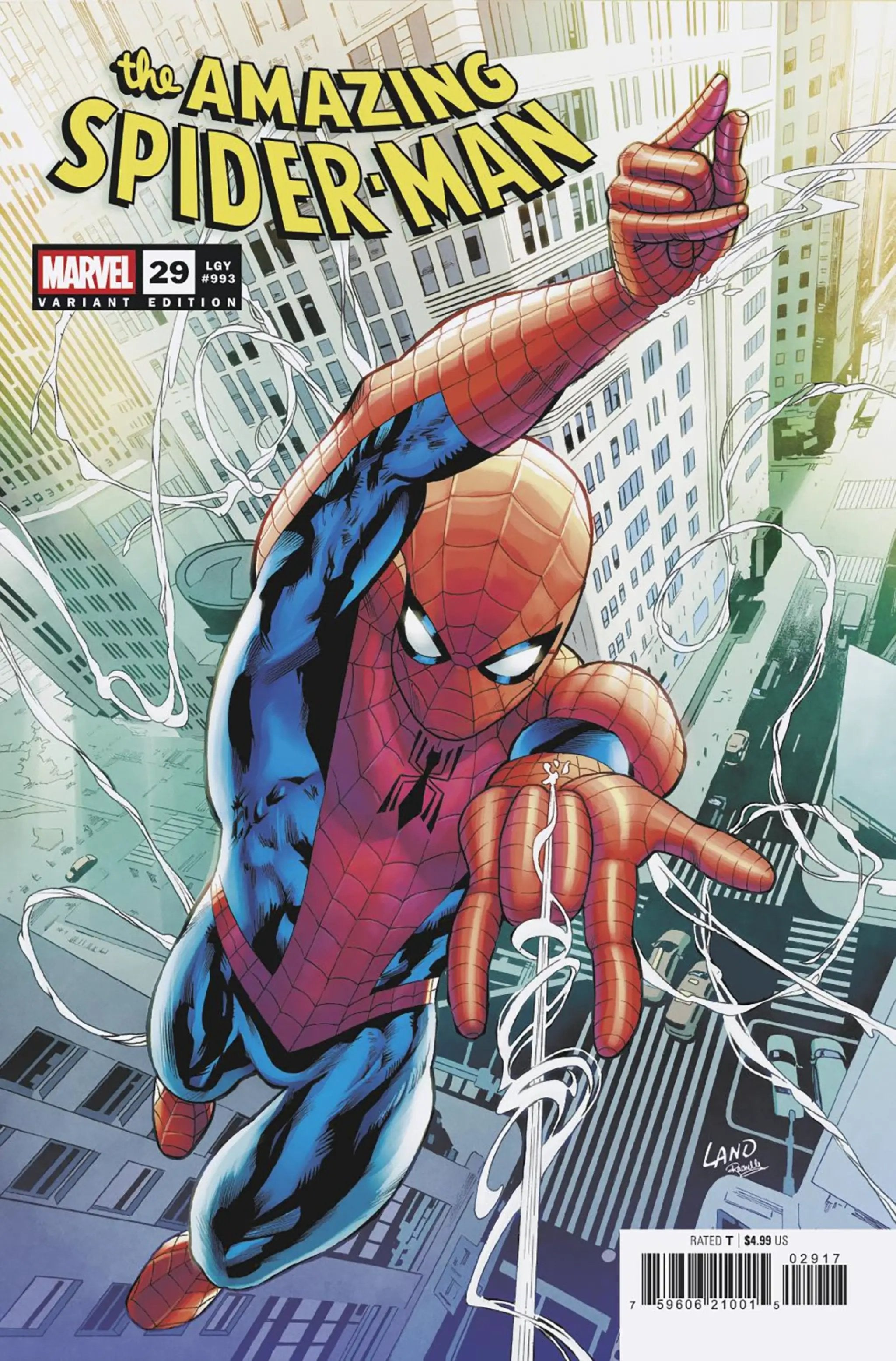 Comic book cover of Amazing Spider-Man #29 Greg Land variant, featuring Spider-Man in dynamic action pose.
