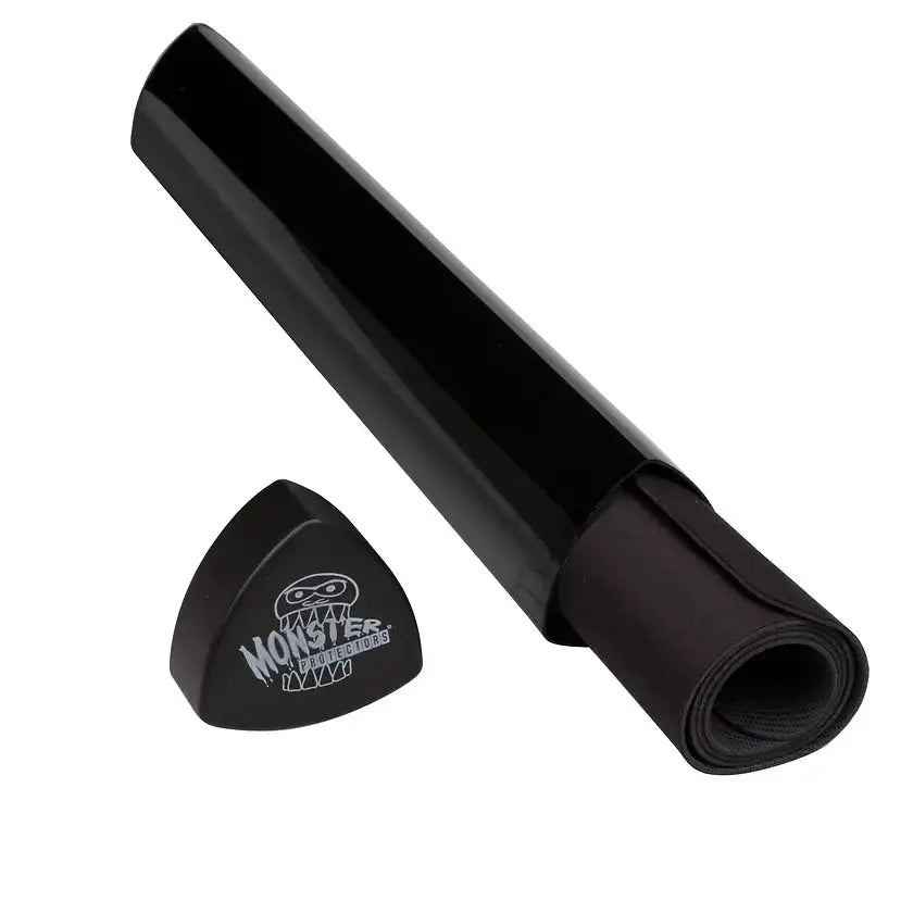 Opaque black playmat tube from THE MIGHTY HOBBY SHOP, cylindrical storage container for gaming or hobby mats.