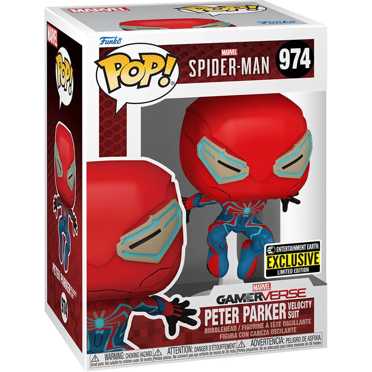 Spider-Man 2 Peter Parker Velocity Suit Funko Pop! vinyl figure, #974, featuring Spider-Man in Velocity Suit, from THE MIGHTY HOBBY SHOP.