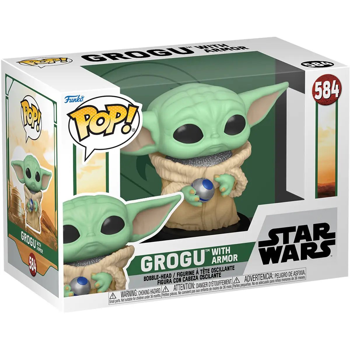 Pop! Star Wars: The Book of Boba Fett Grogu with armor collectible figure from THE MIGHTY HOBBY SHOP, front view, detailed design.