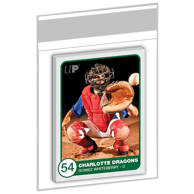Resealable sleeves for trading cards, 100-count pack from THE MIGHTY HOBBY SHOP, with clear plastic and secure closure.