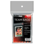 Resealable team bags from THE MIGHTY HOBBY SHOP, 100-count, clear plastic sleeves for organizing and protecting collectibles or game pieces.