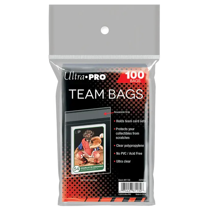 Resealable team bags from THE MIGHTY HOBBY SHOP, 100-count, clear plastic sleeves for organizing and protecting collectibles or game pieces.