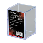 Two clear 150-card storage boxes by THE MIGHTY HOBBY SHOP, compact and stackable for trading card organization.