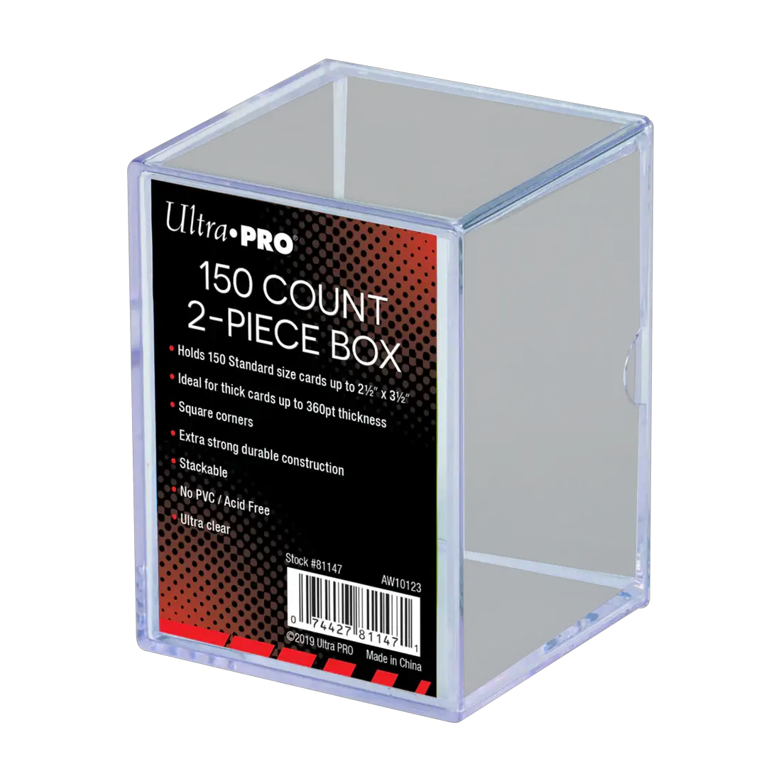 Two clear 150-card storage boxes by THE MIGHTY HOBBY SHOP, compact and stackable for trading card organization.