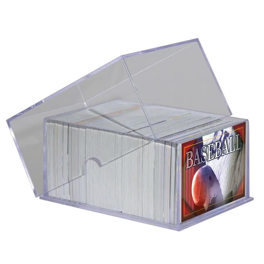 Two clear 250-card storage boxes by THE MIGHTY HOBBY SHOP, showcasing sturdy plastic containers for organizing trading cards.